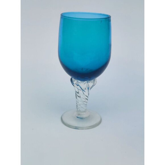 5 Peacock Blue Glass Cordials w/ Clear Twist Stem Turquoise - Picture 2 of 4